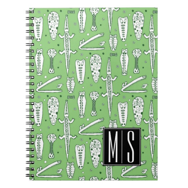 Caderno Espiral Monograma do teste padrão | do crocodilo do esboço (Frente)