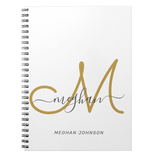 Caderno Espiral Monograma Dourado Branco Elegante Moderno  (Frente)