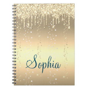 Caderno Espiral Monograma Dourado Brilho Gotejante Glitter Metálic