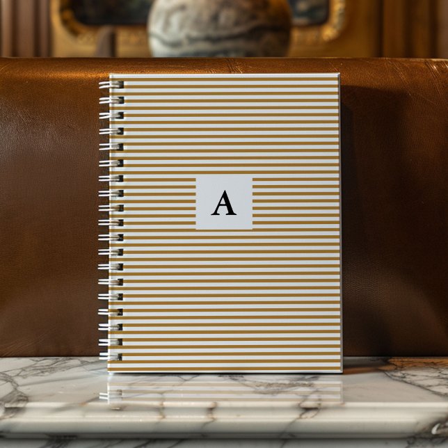 Caderno Espiral Monograma Dourado clássico (Professional and chic gold and white pinstripe monogram initial notebook.)