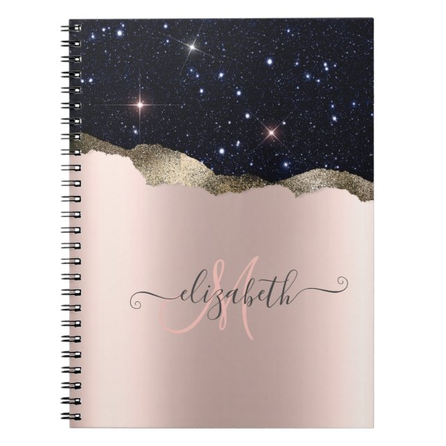 Caderno Espiral Monograma Dourado com Rosa de brilho preto moderno (Frente)