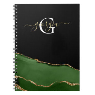 Caderno Espiral Monograma Dourado de brilho e agitação verde