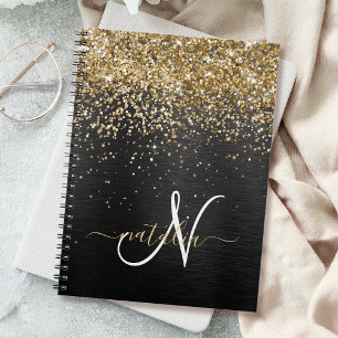 Caderno Espiral Monograma Dourado de brilho preto com brilho perso