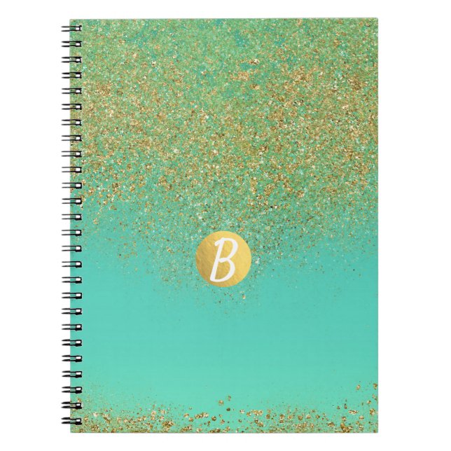 Caderno Espiral Monograma Dourado de Glitter e Glamor de Aqua Teal (Frente)