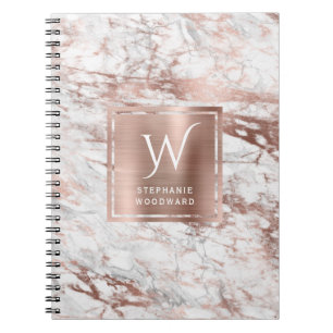 Caderno Espiral Monograma Dourado de Mármore Rosa Branca Elegante