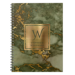 Caderno Espiral Monograma Dourado de Mármore Verde Elegante