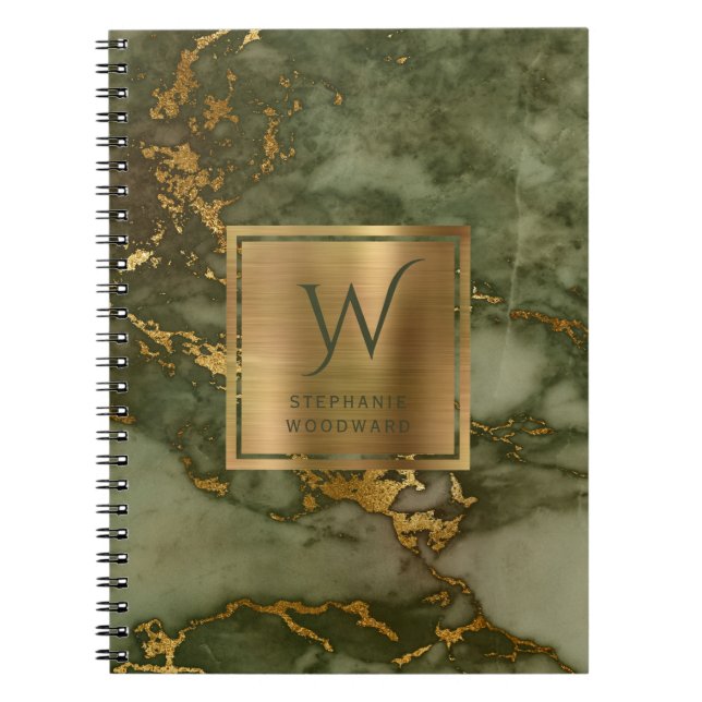 Caderno Espiral Monograma Dourado de Mármore Verde Elegante (Frente)