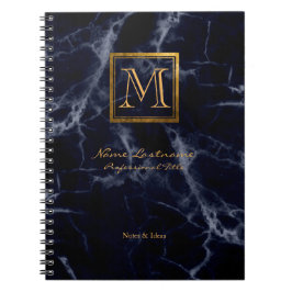 Caderno Espiral Monograma Dourado do Mármore Marinho Elegante