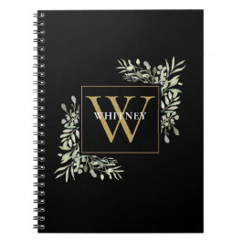 Caderno Espiral Monograma Dourado Elegante Eucalipto Verde Preto