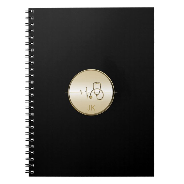 Caderno Espiral Monograma Dourado Estetoscópio Médico Preto (Frente)