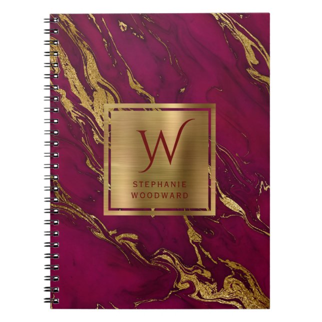 Caderno Espiral Monograma Dourado Marble Elegante Burgundy (Frente)