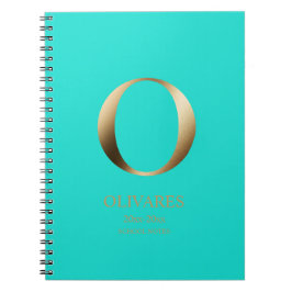 Caderno Espiral Monograma Dourado Personalizado | Teal claro
