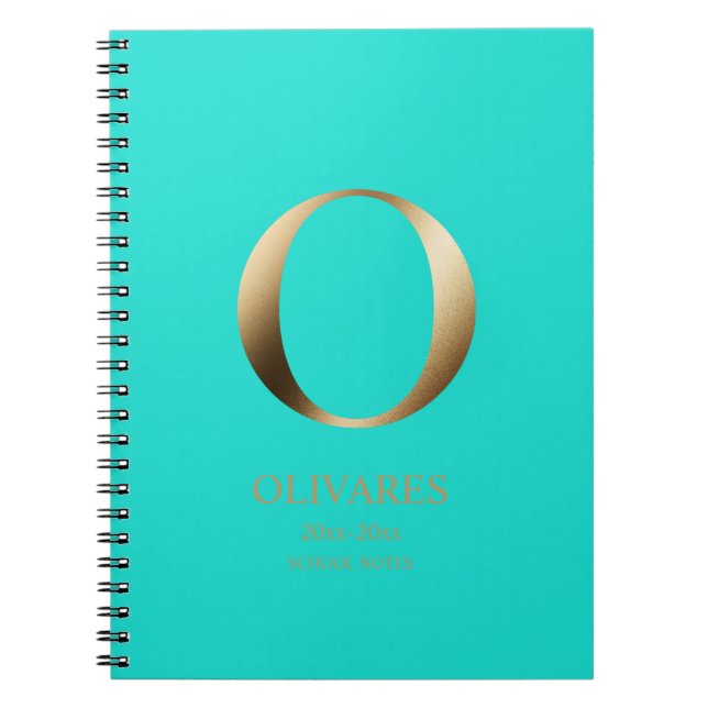 Caderno Espiral Monograma Dourado Personalizado | Teal claro (Frente)