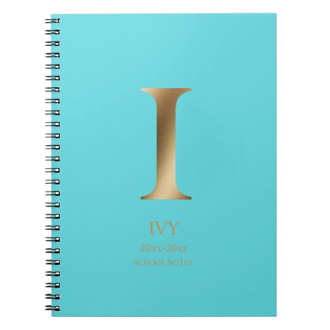 Caderno Espiral Monograma Dourado Personalizado | Turquesa (Frente)