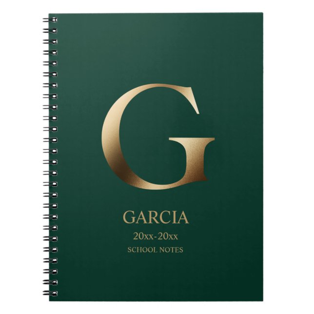Caderno Espiral Monograma Dourado Personalizado | Verde (Frente)