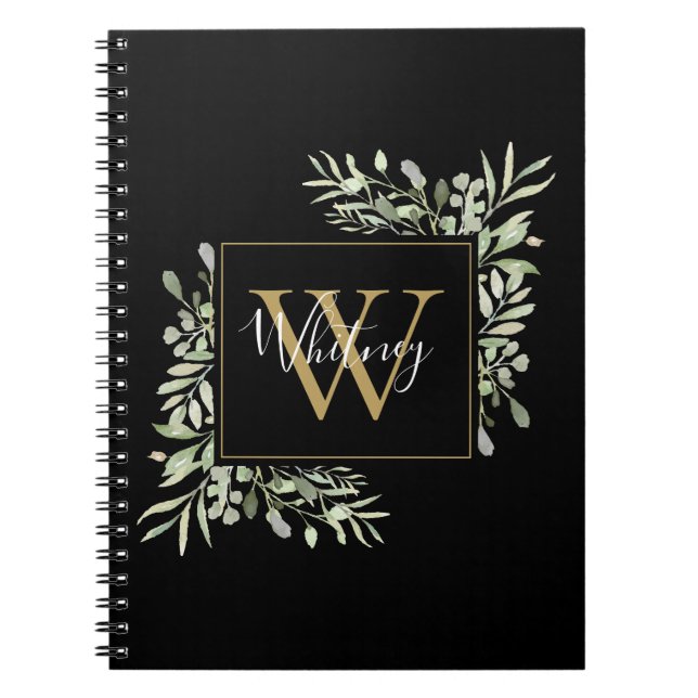 Caderno Espiral Monograma Dourado Personalizado Verde Verde Floral (Frente)