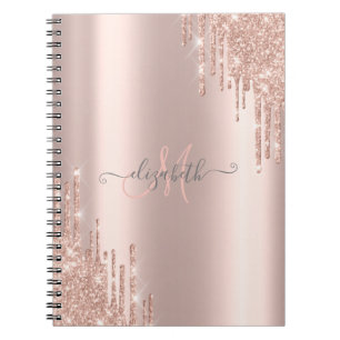 Caderno Espiral Monograma Dourado Rosa com Efeito de Gotas Brilhan