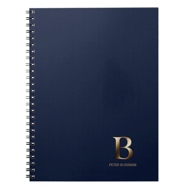 Caderno Espiral Monograma Dourado simples | Notebook azul marinho (Frente)