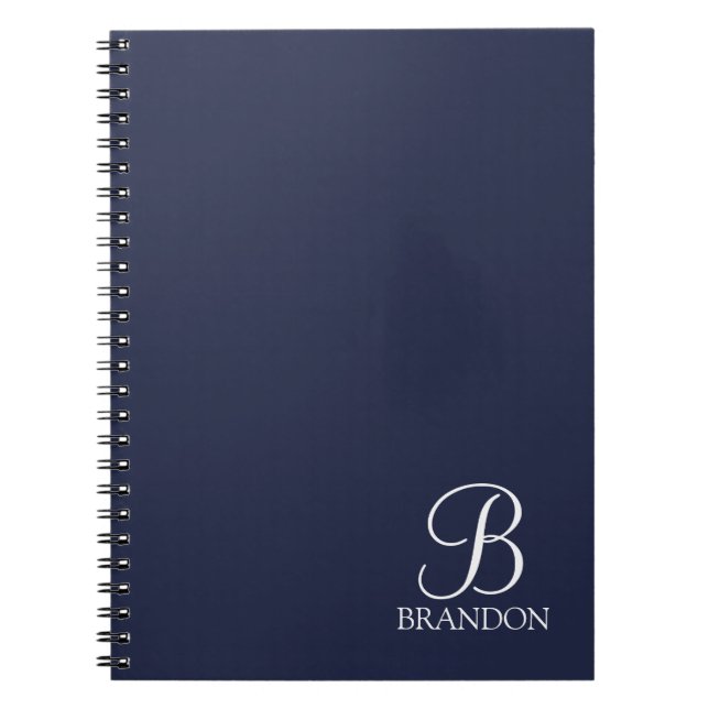 Caderno Espiral Monograma e Nome de Script Personalizado Azul-mari (Frente)