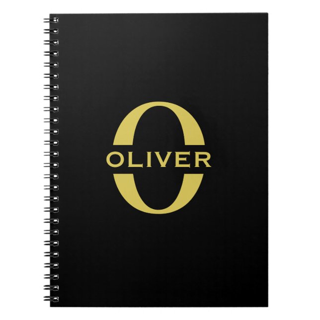 Caderno Espiral Monograma E Nome Preto E Dourado Personalizado (Frente)