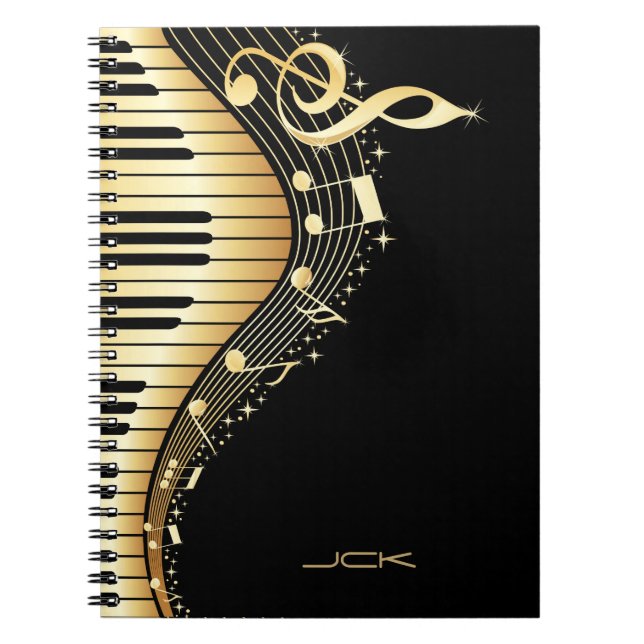 Caderno Espiral Monograma Elegante Black E Dourado Music Notes Des (Frente)