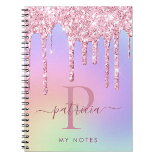 Caderno Espiral Monograma Elegante de Colírio Rosa Holográfico
