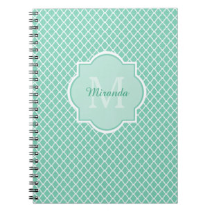 Caderno Espiral Monograma elegante de Quatrefoil do verde da