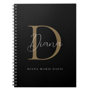 Caderno Espiral Monograma Elegante em Grafite Preta com Dourado Mu