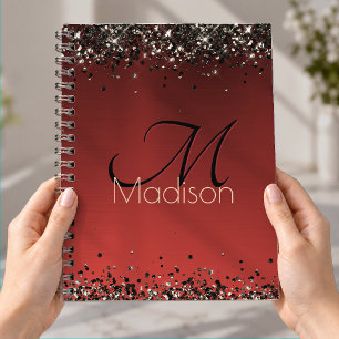 Caderno Espiral Monograma elegante em preto, vermelho e dourado gl