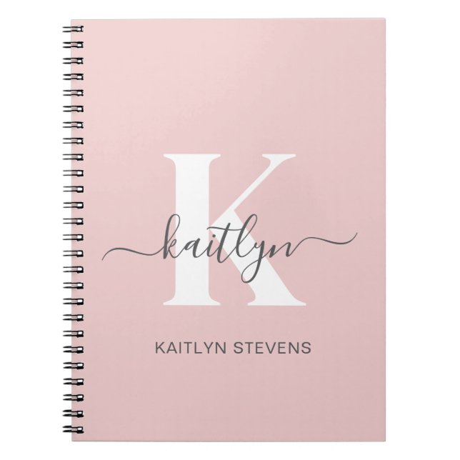Caderno Espiral Monograma Elegante em Rosa Bege e Cinza (Frente)