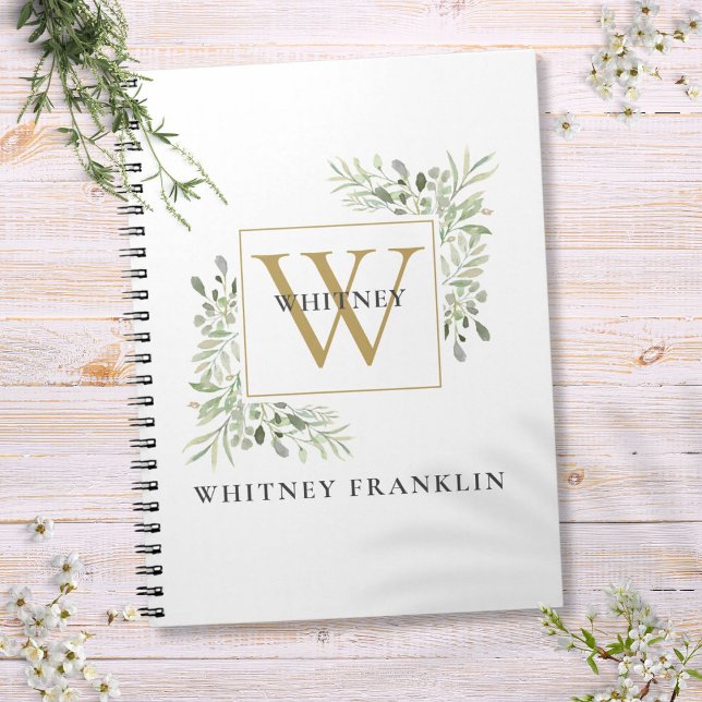 Caderno Espiral Monograma Elegante Eucalyptus Greenery Dourado (Gold Monogram Elegant Eucalyptus Greenery Notebook)