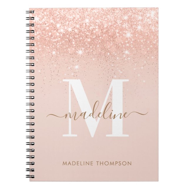Caderno Espiral Monograma Elegante Glamoroso Rosegold Glitter (Frente)