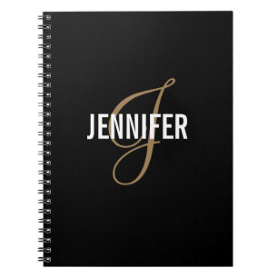 Caderno Espiral Monograma Elegante Nome de Script Dourado Preto