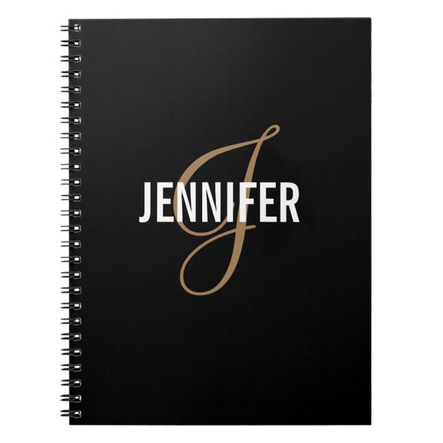 Caderno Espiral Monograma Elegante Nome de Script Dourado Preto (Frente)