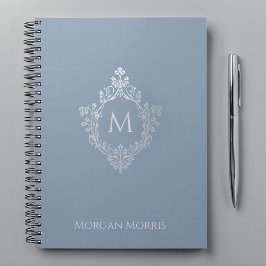 Caderno Espiral Monograma Elegante Pó Azul Crest Vintage e Nome
