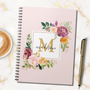 Caderno Espiral Monograma Elegante Rosa de Aquarela Botânica