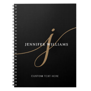 Caderno Espiral Monograma Elegante Simples Preto e Dourado em Letr