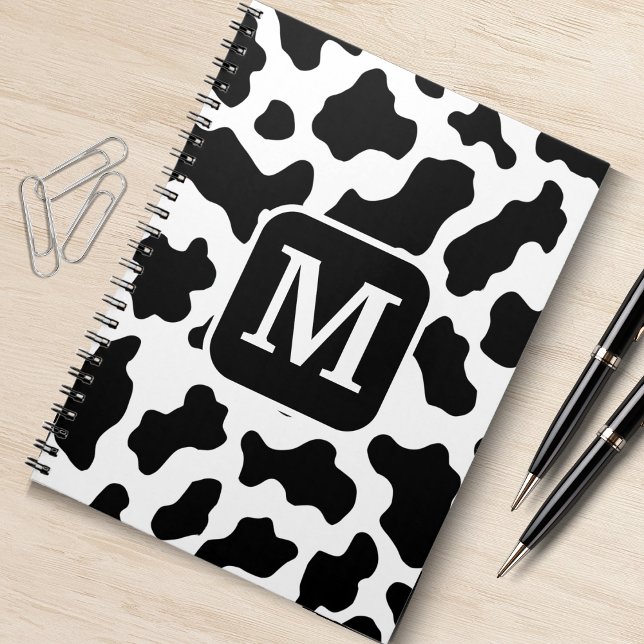Caderno Espiral Monograma em preto e branco com impressão em anima (cow print monogram spiral notebook)