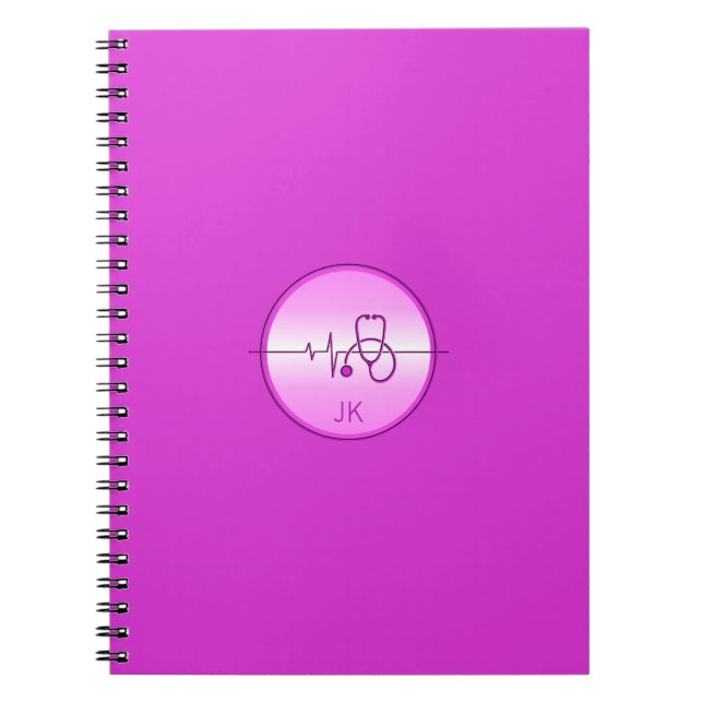Caderno Espiral Monograma Estetoscópio Médico Rosa (Frente)