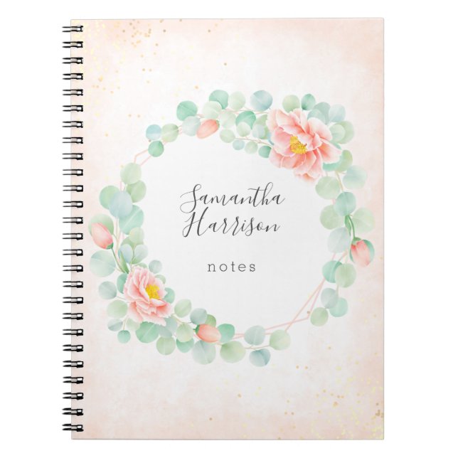 Caderno Espiral Monograma Eucalyptus Deixa Pêssego Floral de Peony (Frente)