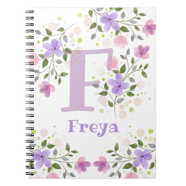 Caderno Espiral Monograma F & Name Freya com Flores (Frente)