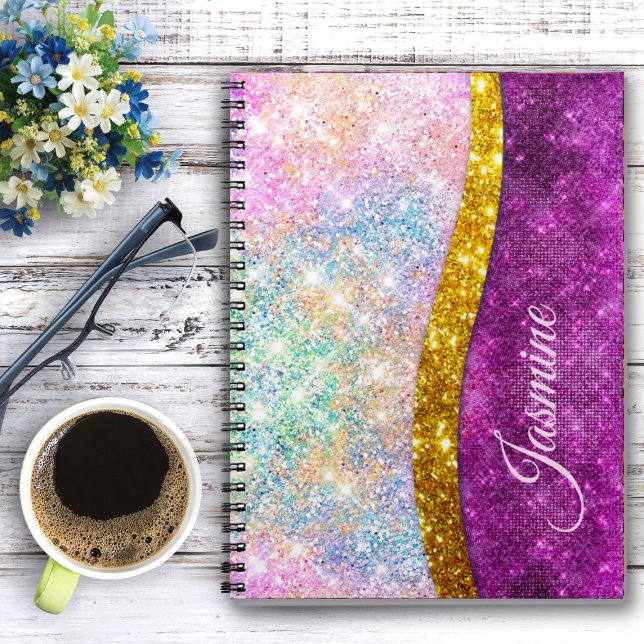 Caderno Espiral Monograma falso brilhante dourado fúcsia iridescen (Criador carregado)