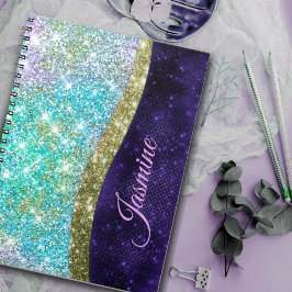 Caderno Espiral Monograma falso brilhante roxo azul iridescente ch