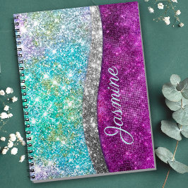 Caderno Espiral Monograma falso brilhante roxo iridescente fofo