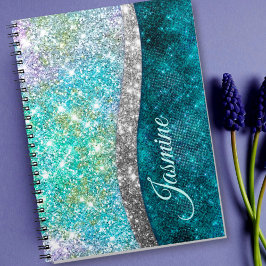 Caderno Espiral Monograma falso cintilante turquesa iridescente fo