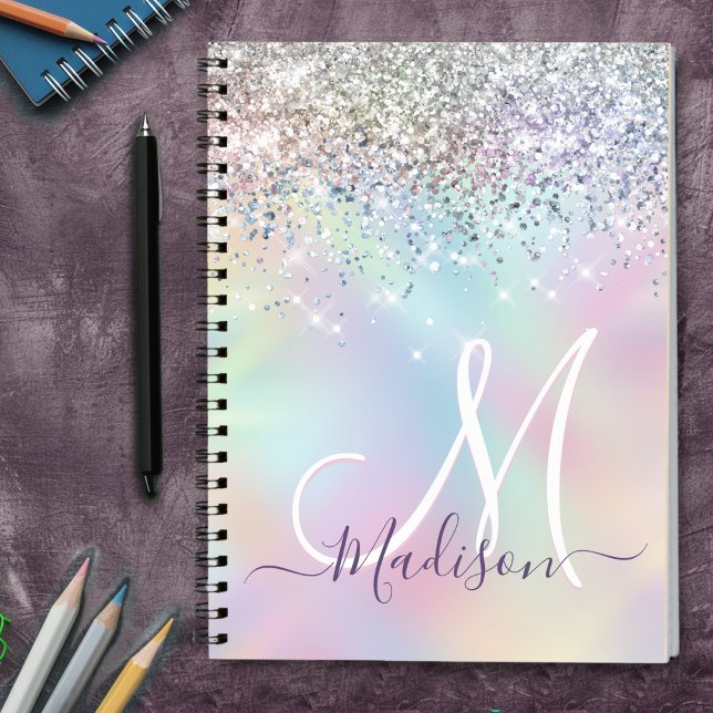 Caderno Espiral Monograma faux glitter monograma simples iridescen (Criador carregado)
