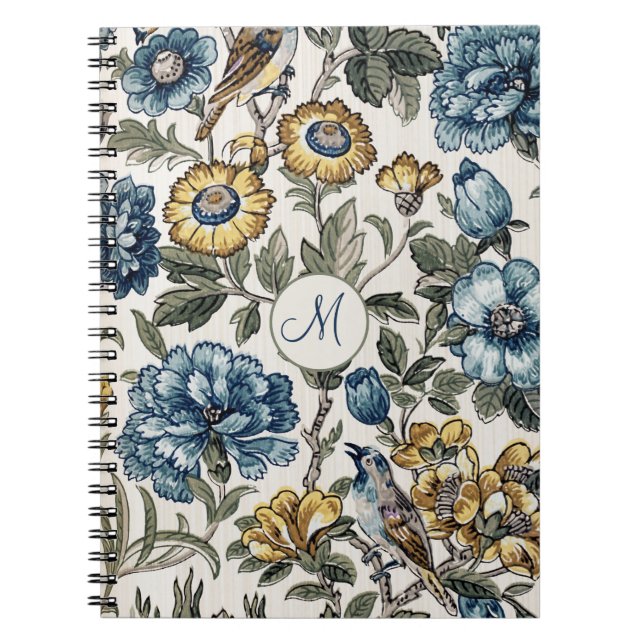 Caderno Espiral Monograma Floral Azul-Boho Exótico e Dourado (Frente)