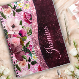 Caderno Espiral Monograma floral bicolor cor-de-rosa púrpura