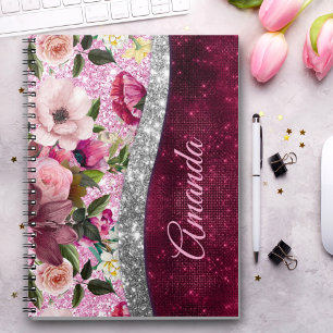 Caderno Espiral monograma floral Burgundy cor-de-rosa-prateado