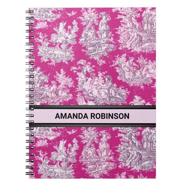 Caderno Espiral Monograma floral cor-de-rosa magenta de jouy (Frente)